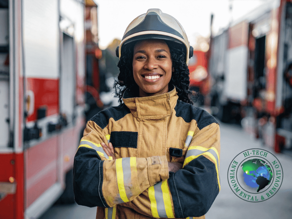 Firefigher in turnout gear with soot contamination
